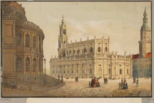 Die Katholische Hofkirche in Dresden, Blick über den Theaterplatz nach Osten, links die erste Semperoper und rechts das Residenzschloss mit dem Hausmannsturm