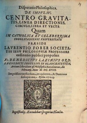 Disputatio Philosophica, De Impvlsv, Centro Gravitatis, Linea Directionis, Circvlo, Libra Et Vecte