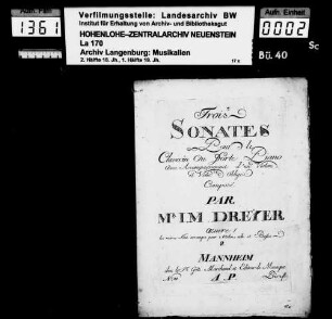 Johann Melchior Dreyer: Trois / Sonates / pour le / Clavecin ou Forte Piano / avec accompagnement d'un Violon / et Viola oblige / composé / par / J.M. Dreyer / Oeuvre I / les meme sont arrangées pour 2 Violon, Alto et Basse Mannheim, Götz Marchand.