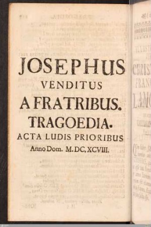 Josephus Venditus A Fratribus. Tragoedia.