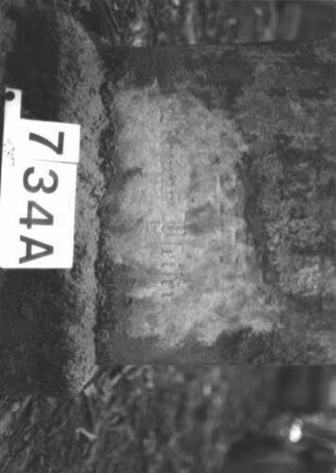Grabstein 734 (Index: 99900426) Material: Sandstein Zustand: stark verwittert Maße HxBxT: 126x41x16 cm Beschreibung: aufgesockelte Stele mit Dreiecksabschluss, oberhalb der Inschrift Stern Symbolik: Stern: Grabstein 734A (Detailaufnahme 2)