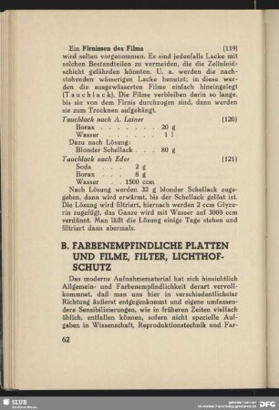 B. Farbempfindliche Platten und Filme, Filter, Lichthofschutz