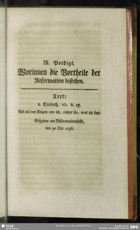IX. Predigt. Worinnen die Vortheile der Reformation bestehen