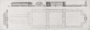 Entwurf für den Neubau des Dresdner Schlosses, Grundriß mit Längsschnitt und Aufriß (1704/1709; Feder, Tusche, Wasserfarben; 43,3 x 114,5 cm). Sächsische Landesbibliothek – Staats- und Universitätsbibliothek Dresden, Handschriftensammlung, Mscr. Dresd. L. 4/Blatt 2