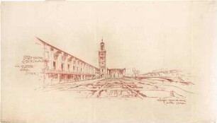 Gsaenger, Gustav; Eberswalde (Brandenburg); Projekt Gesamtentwicklungsplan, Stadtkrone, Vierjahresplan-Siedlung (Schule) - Rathaus u. Ehrenhalle, Brücke (Perspektive)