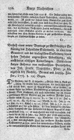 Versuch eines neuen Beytrags zu schriftmäßiger Erklärung des Hohenlieds Salomonis, in einer dem Grundtext und der dialogischen Einkleidung seines hohen Inhalts angemeßnen Uebersetzung.