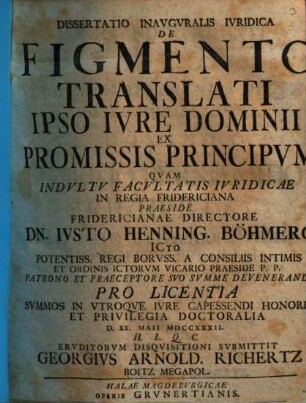 Dissertatio inauguralis iuridica de figmento translati ipso iure dominii ex promissis principum