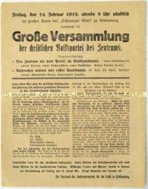 Aufruf der Christlichen Volkspartei zu einer Versammlung am 14. Februar 1919 in Schöneberg und zur bevorstehenden Stadtverordnetenwahl