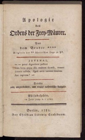 Apologie des Ordens der Frey-Mäurer