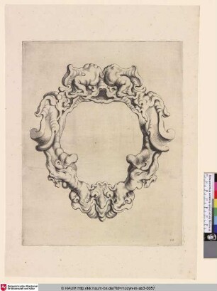 [Kartusche mit Maske; Cartouche met kwabornament, bovenaan twee monsters]