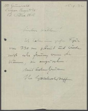 Brief von Walther Wolff an Georg Kolbe