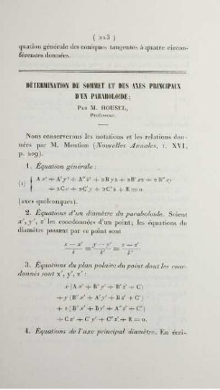 Détermination du sommet et des axes principaux d'un paraboloide.