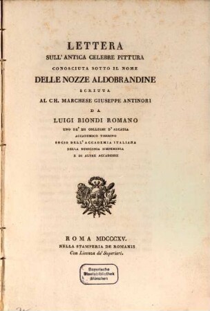 Lettera sull'antica celebre pittura conosciuta sotto il nome delle nozze Aldobrandine
