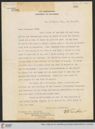 Briefe von William Wallace Campbell an Max Wolf: Brief von William Wallace Campbell an Max Wolf