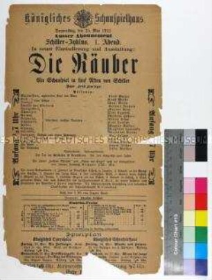 Programm des Königlichen Schauspielhauses Dresden für die Aufführung von "Die Räuber" am 25. Mai 1911