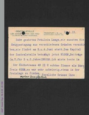 Postkarte von Jenny Apolant an Helene Lange
