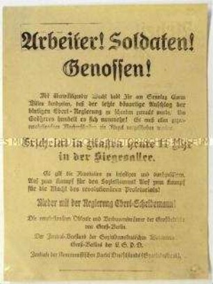 Aufruf der revolutionären Obleute und der KPD zum Sturz der Reichsregierung im Zuge des Januaraufstandes 1919 in Berlin