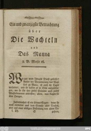 Ein und zwanzigste Betrachtung über Die Wachteln und Das Manna 2. B. Mose 16.