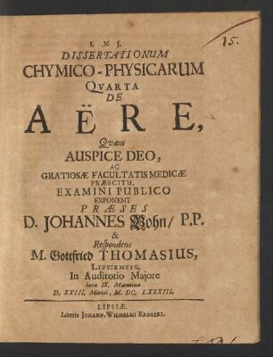Dissertationum Chymico-Physicarum Quarta De Aere