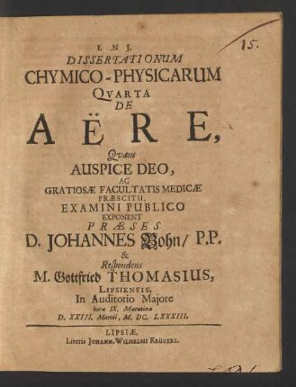 Dissertationum Chymico-Physicarum Quarta De Aere