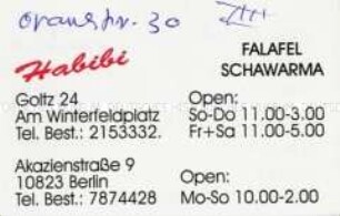 Visitenkarte einer türkischen Bäckerei in Berlin