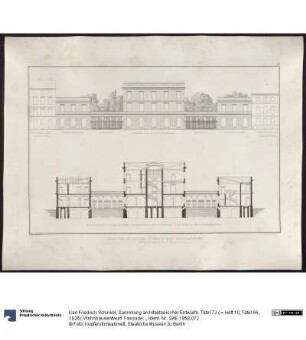 Sammlung architektonischer Entwürfe. Tafel 72 ( = Heft 10, Tafel 66, 1826): Wohnhausentwurf. Fassade und Querschnitt