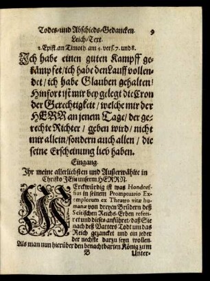 Leich-Text. 2. Epist. an Timoth. am 4. vers. 7. und 8.