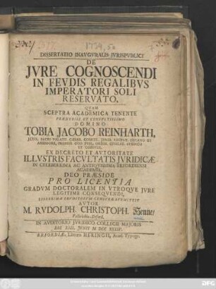 Dissertatio Inavgvralis Jvris Pvblici De Jvre Cognoscendi In Fevdis Regalibvs Imperatori Soli Reservato