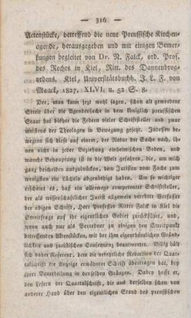 316-328 [Rezension] Aktenstücke betreffend die neue preussische Kirchenagende