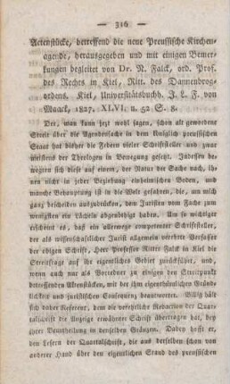 316-328 [Rezension] Aktenstücke betreffend die neue preussische Kirchenagende