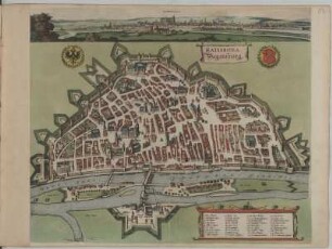 Ansicht und Vogelschauplan von Regensburg, kolorierter Kupferstich, 1682 : Ratisbona = Regenspurg. - [Ca. 1:4 700]. - [Amsterdam], [um 1682]. - 1 Vogelschauplan : Radierung u. Kupferst. ; 50,2 x 42,0 cm, Titelkartusche oben rechts. - Ohne Kt.-Netz. - Mit Gebäudeverz. - Mit 2 Wappen. - Mit 1 Stadtansicht: Regenspurg