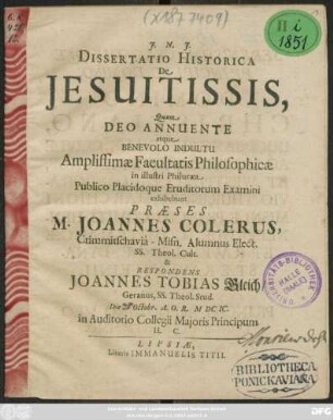 Dissertatio Historica De Jesuitissis