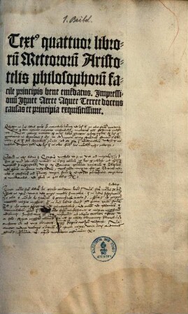 Textus quattuor librorum Meteororum Aristotelis ... bene emendatus : impressionum Ignee Aeree Aquee Terree docens causas et principia exquisitissime