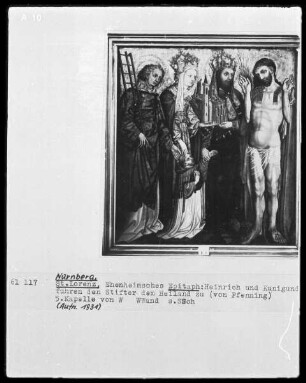 Epitaph des Pfarrers Ehenheim (gest. 1438): Die heiligen Laurentius, Heinrich und Kunigunde führen den Stifter dem Heiland zu