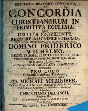 Disputatio Historico-Theologica, De Concordia Christianorum In Primitiva Ecclesia