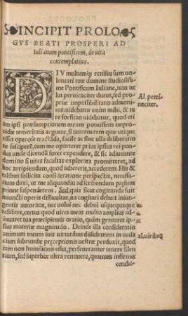 Incipit Prologus Beati Prosperi Ad Iulianum pontificem, de vita contemplativa.