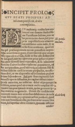 Incipit Prologus Beati Prosperi Ad Iulianum pontificem, de vita contemplativa.
