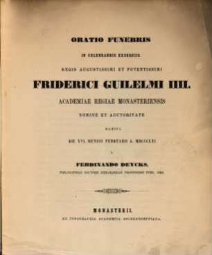 Oratio funebris in celebrandis exsequiis regis ... Friderici Guilelmi IV