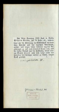 [Beil. 2: Zeitungsausschnitt mit Meldung vom Tode Wilhelm Grimms 1859]