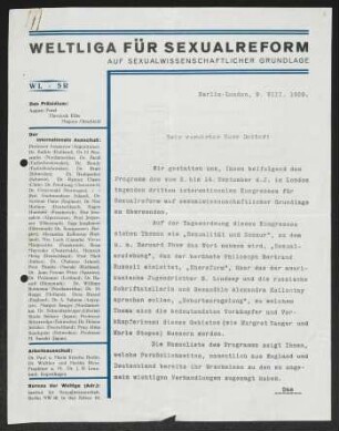 Brief von Magnus Hirschfeld an Gerhart Hauptmann