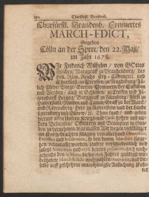 Churfürstl. Brandenb. Erneuertes March-Edict, Gegeben Cölln an der Spree/ den 22. Maii/ im Jahr 1678.