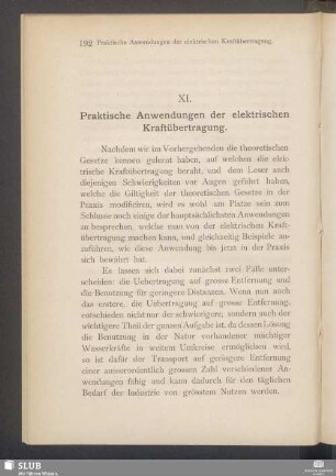 XI. Praktische Anwendungen der elektrischen Kraftübertragung