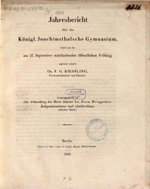 Jahresbericht über das Königl. Joachimsthalsche Gymnasium : für das Schuljahr .... 1864