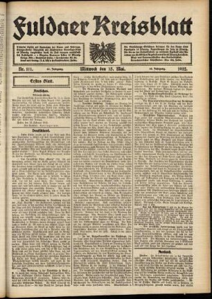 Erste Ausgabe vom Mittwoch, den 15. Mai 1912.