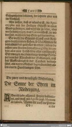 Die zwey und dreyßigste Abtheilung, Die Sonne der Ehren im Niedergang