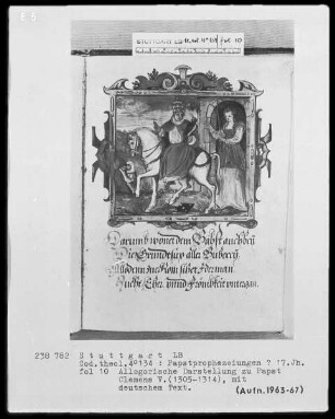 Flugschrift mit Illustrationen aus den Papstprophezeiungen mit antipäpstlichen Spottversen — Allegorische Darstellung zu Papst Clemens 5. (1305-1314), Folio 10recto
