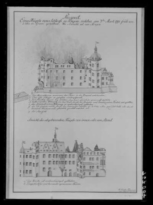 Prospect eines Flügels vom Schlosse zu Torgau, welcher am 7ten Mart 1791 früh um 2 Uhr in Brand gerathen: eine Ansicht vom Morgen: Das brennende Schloß, die andre Ansicht zeigt den abgebrannten Flügel