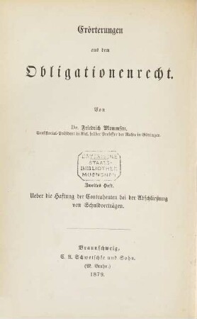 Erörterungen aus dem Obligationenrecht, 2. Ueber die Haftung der Contrahenten bei der Abschließung von Schuldverträgen