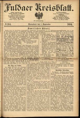 Erste Ausgabe vom Samstag, den 01. September 1894.