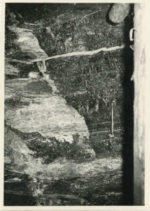 Dresden-Gittersee. Grubenfeld Gittersee. 2. Sohle. Schräger Anschnitt eines Kammes am Nord-Stoß des Abbaus am Aufhauen 6 [Grubenbau im aufsteigenden Flöz] nördlich der Strecke 401 Ost, etwa 4 m vom großen Kamm entfernt. 1. Flöz; oben rechts die Große Lette, unten die Fremde Lette